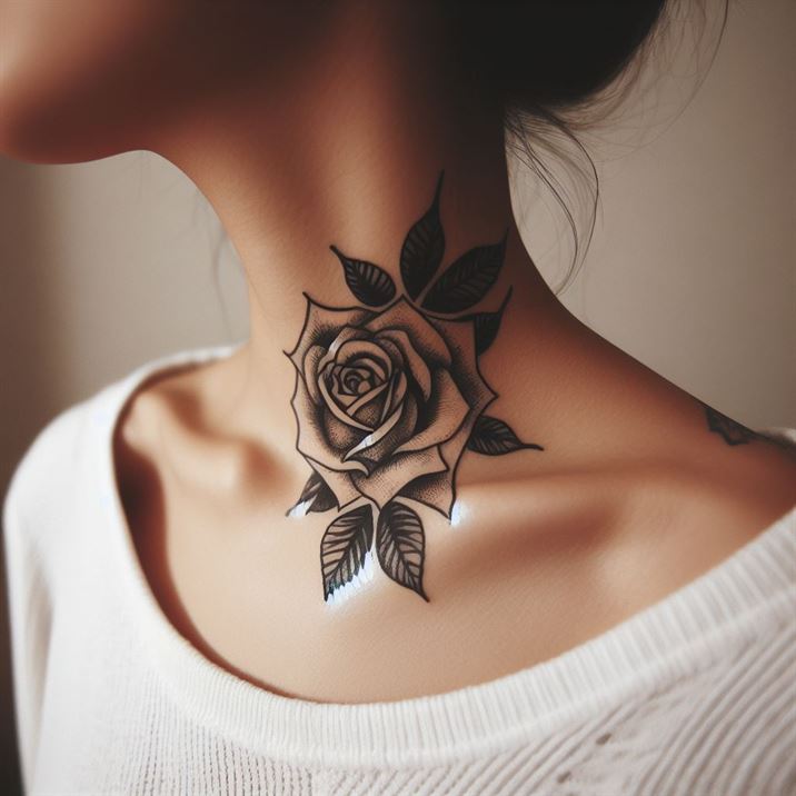 "Feminine neck tattoo featuring a beautifully detailed rose design."