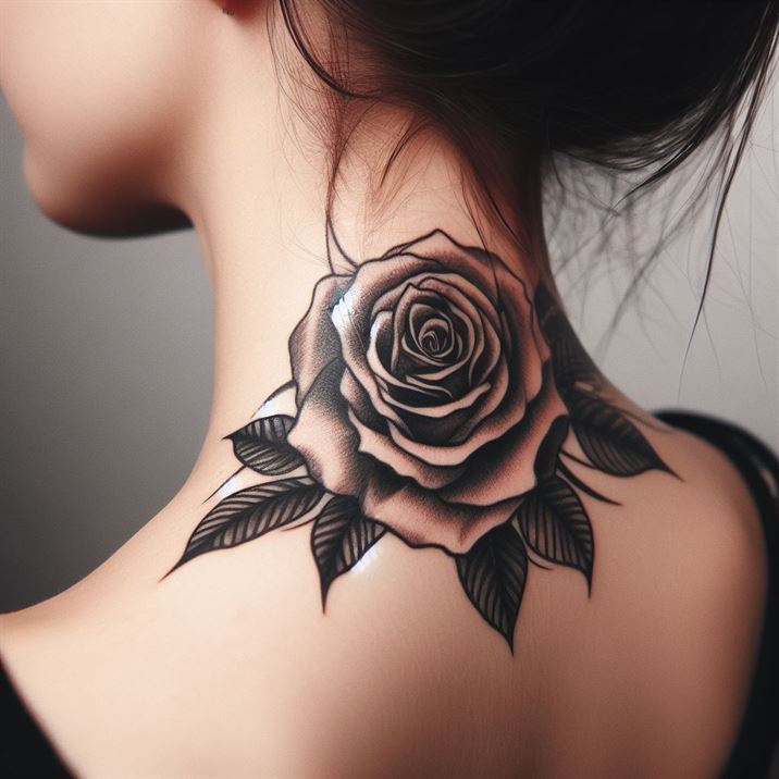 "Girl's neck tattoo depicting a stylized rose, symbolizing beauty and grace."