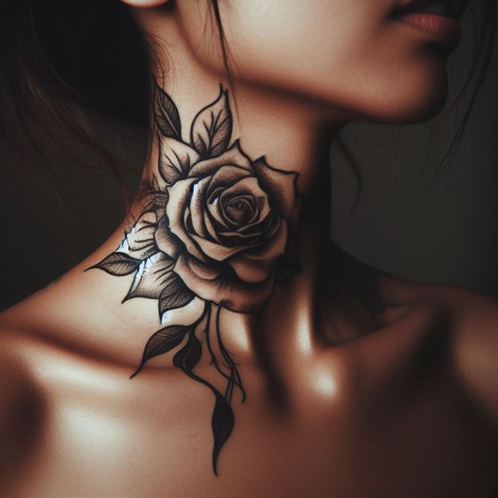 "Intricate rose-shaped tattoo on the neck, showcasing artistry and creativity."