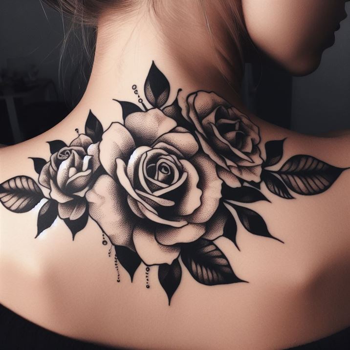 "Elegant neck tattoo design, resembling a delicate rose in full bloom."