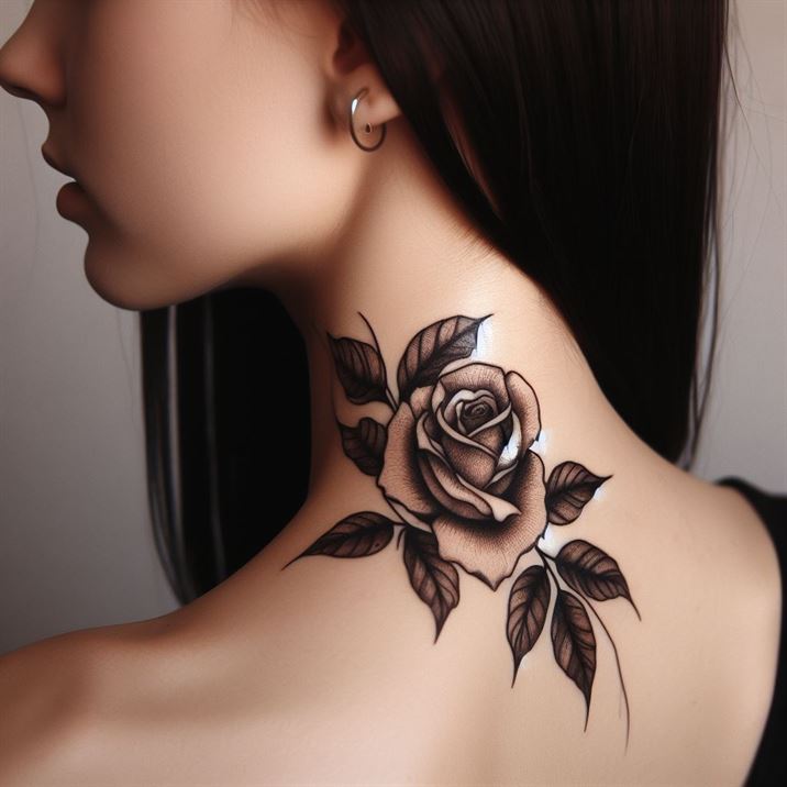 "Rose-shaped ink art on the girl's neck, adding a touch of nature-inspired beauty."