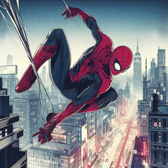 "An action-packed image of Spider-Man in mid-air, shooting webs to swing between skyscrapers."