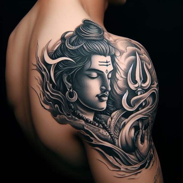 "Lord Shiva tattoo design on shoulder, depicting the deity's serene expression and third eye."