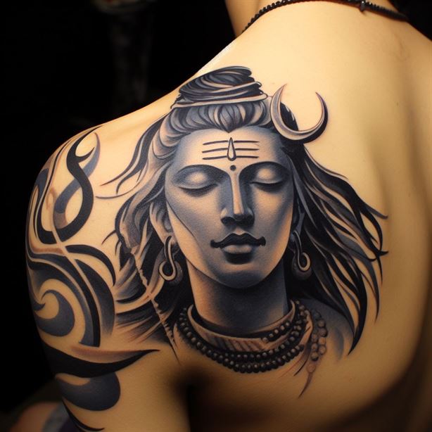 "Detailed Lord Shiva shoulder tattoo with intricate designs and religious symbolism."