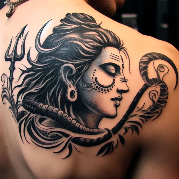 "Shoulder tattoo featuring Lord Shiva's trident, symbolizing power and divine energy."