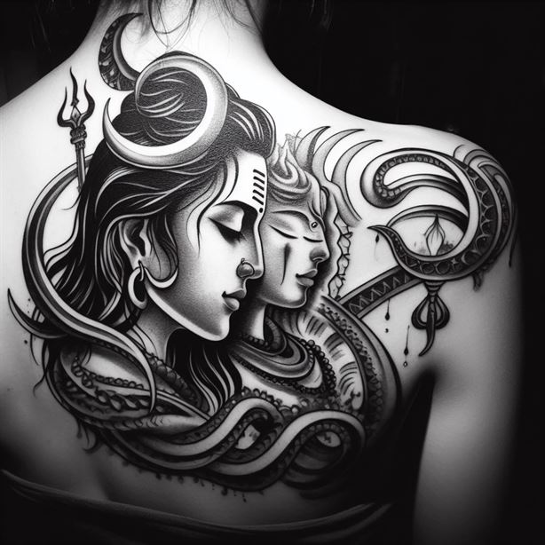 "Artistic rendition of Lord Shiva's face in a shoulder tattoo, reflecting devotion and faith."