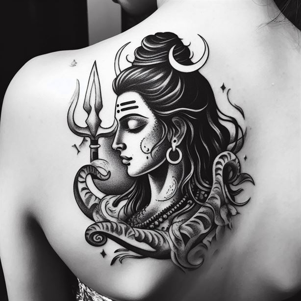 "Lord Shiva tattoo with snake coiled around the neck, representing divine protection."