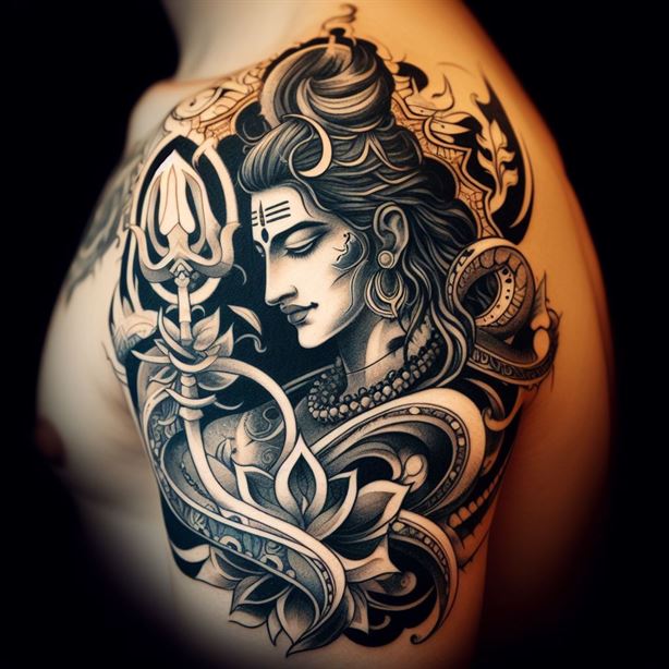 "Shoulder tattoo design of Lord Shiva with ash smeared on the forehead, embodying asceticism."
