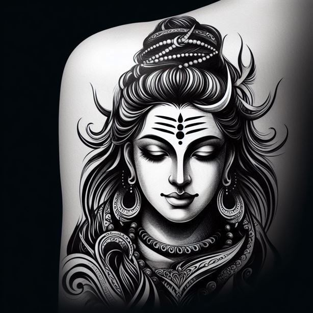 "Intricate Lord Shiva shoulder tattoo with the sacred Om symbol, signifying cosmic energy and spirituality."