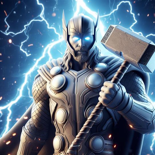 "Thor, the God of Thunder, holding his mighty hammer Mjolnir with a fierce expression."