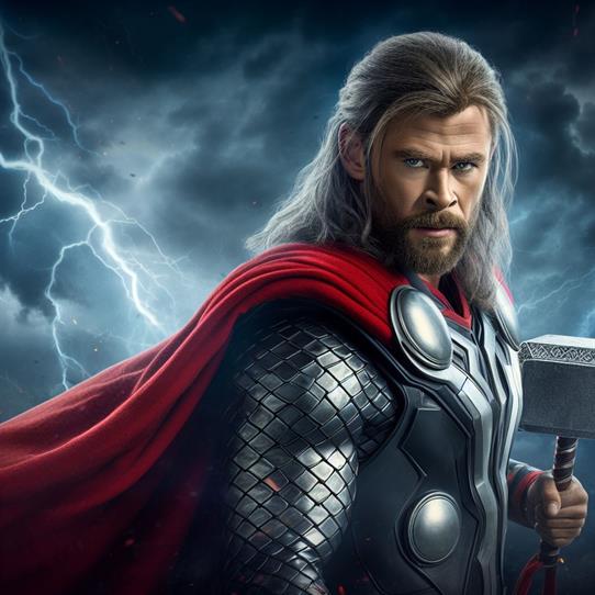 "Thor in his majestic Asgardian armor, radiating power and authority."