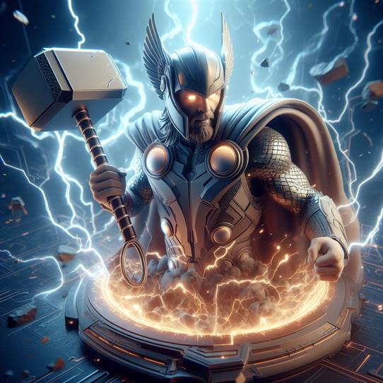 "Thor's hammer, Mjolnir, hovering mid-air, symbolizing his control over thunder and lightning."