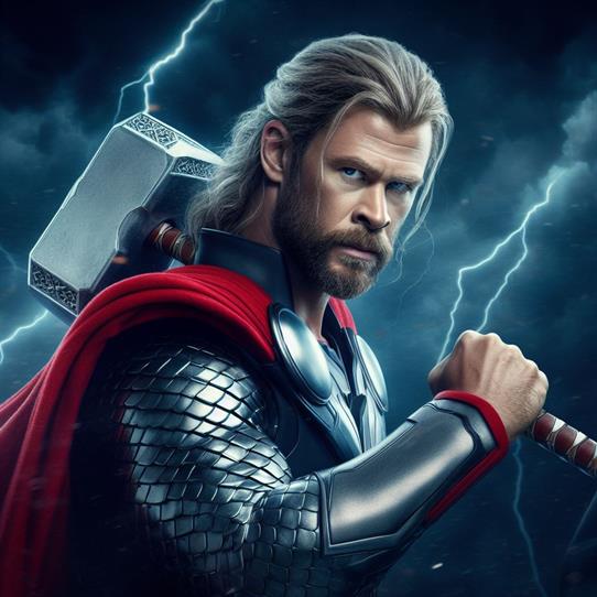 "Thor conjuring a storm with his hammer, showcasing his control over the elements."