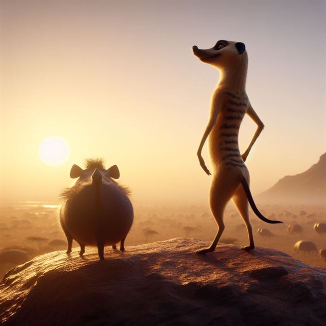 "Timon, the meerkat, and Pumbaa, the warthog, sharing a lighthearted moment of friendship."