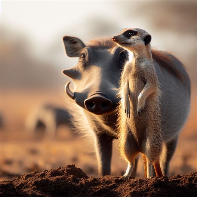 "An animated scene of Timon and Pumbaa singing and dancing, radiating joy and happiness."