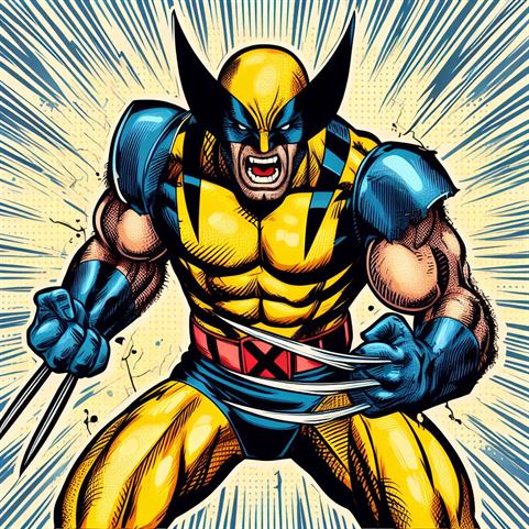 "Wolverine, the fierce mutant, with retractable claws and a determined expression."