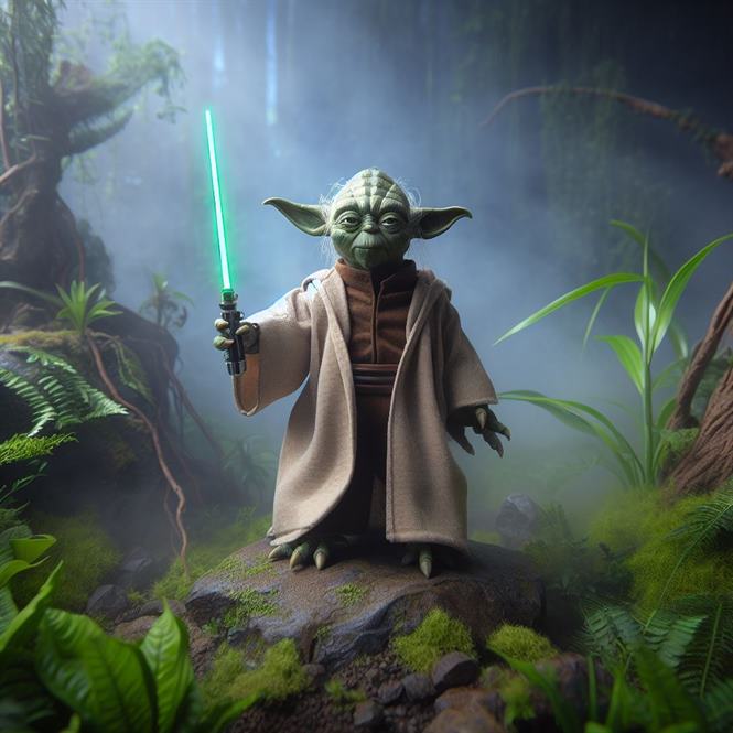 "Yoda, the wise Jedi Master, with his green skin and serene expression, deep in meditation."