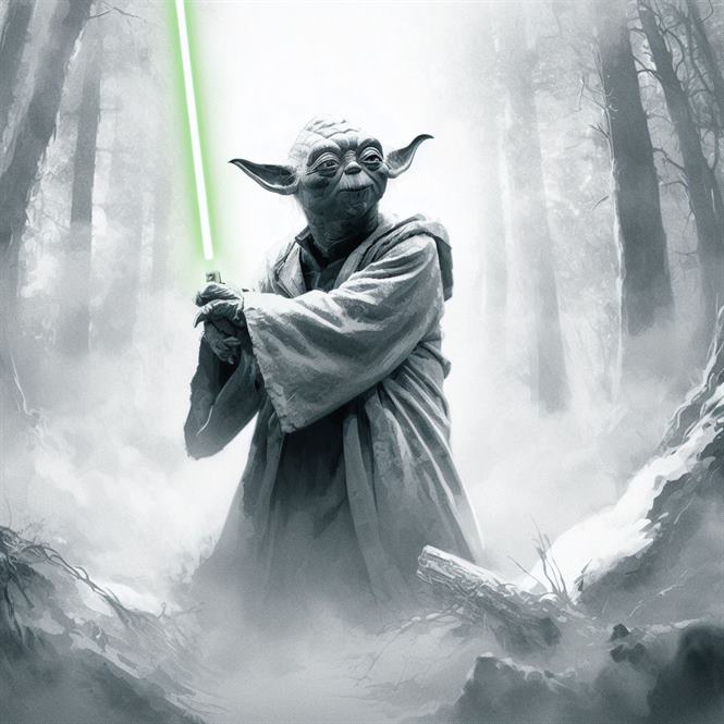 "Yoda holding his lightsaber, ready to defend against the dark side of the Force."