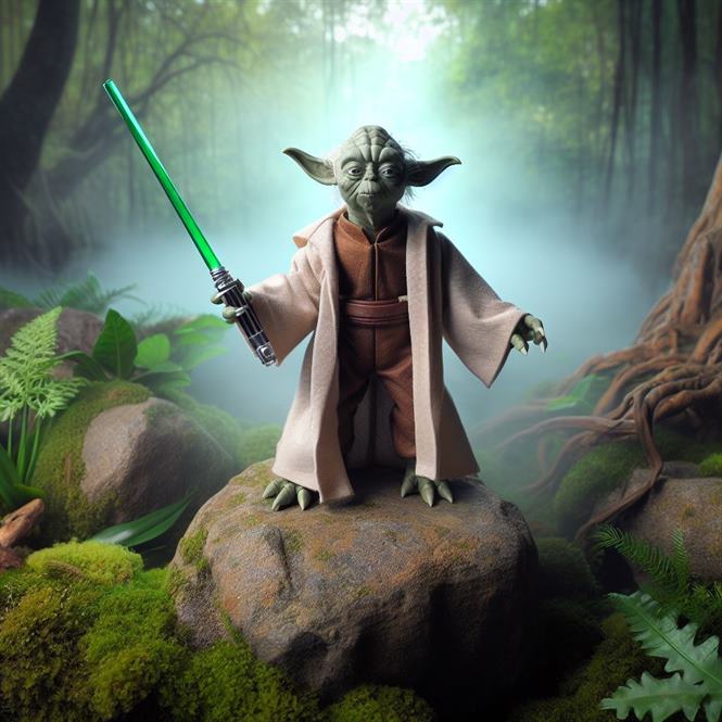 "Yoda using the Force, with his hand outstretched and a determined look on his face."