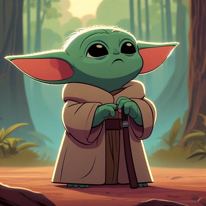 "Yoda, the legendary Jedi, with a kind smile and his cane, symbolizing his wisdom and experience."