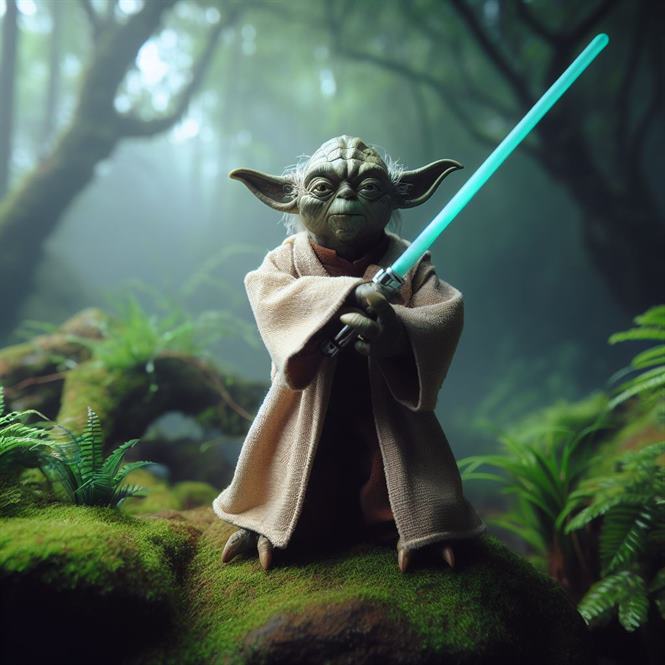 "Yoda, the legendary Jedi, with a kind smile and his cane, symbolizing his wisdom and experience."